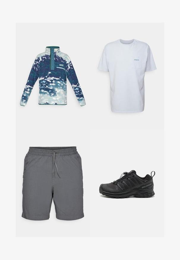 Langærmet fleece-pullover med høj krave, trykknapper, brystlomme med lynlås og abstrakt mønster i blå-hvide nuancer.; Hvid bomulds t-shirt med korte ærmer, rund hals og en lomme på venstre bryst med et blåt "Patagonia"-logo. Klassisk pasform med en glat tekstur.; Grå shorts lavet af letvægtsstof med elastisk talje og snøre. Har en glat tekstur og længde over knæet.; Sort atletik sko med en struktureret syntetisk overdel, polstret sål og et hurtiglukkesystem. Har forstærket tå og hæl.