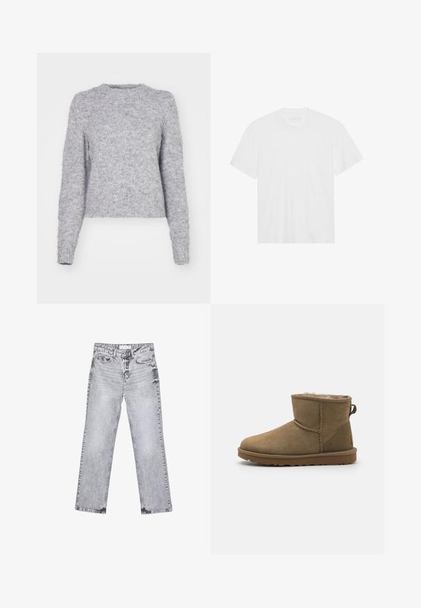 Sivi pleteni pulover s okruglim izrezom, dugim rukavima i mekom, pahuljastom teksturom. Ima skraćeni donji rub i blago labav kroj.; Bijela pamučna majica s kratkim rukavima, okruglim izrezom i ravnim rubom. Glatka tekstura, minimalistički dizajn bez uzorkâ ili akcenta.; Sive traperice s ravnim nogavicama, s detaljima trošenja, pet džepova i bakrenim zakovicama. Pojas ima oznaku s logom.; Smeđi antilop čizme do gležnja s mekim, plišanim podstavljanjem, okruglim vrhom i petnim detaljem u obliku petlje. Ravna gumena potplat s teksturiranim gripom.