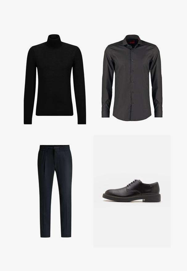 Black turtleneck sweater made of soft material, featuring long sleeves and a snug fit. Ribbed trim at the hem and cuffs. Simple design.; Black long-sleeve shirt with a slim fit, made of smooth fabric. Features a pointed collar and six buttons down the front.; Navy blue trousers with an elastic waistband, drawstring, and pleats. Made from smooth material, featuring a tailored fit and straight legs.; Black leather lace-up shoe with a rounded toe, smooth texture, minimal stitching, and a low rubber heel. Logo on the heel.