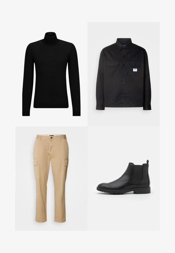 Jersey de cuello alto negro hecho de un material suave, con mangas largas y un ajuste ceñido. Ribete acanalado en el dobladillo y los puños. Diseño simple.; Camisa negra de mangas largas hecha de algodón. Presenta un diseño de botón, dos bolsillos en el pecho y una pequeña etiqueta de logo en el bolsillo izquierdo.; Pantalones cargo beiges de algodón. Con dos bolsillos laterales, cierre de botón y un diseño de pierna recta. Textura suave, estilo casual.; Botín Chelsea de cuero negro con paneles laterales elásticos y una tira de sujeción, con punta redondeada y suela de goma texturizada.