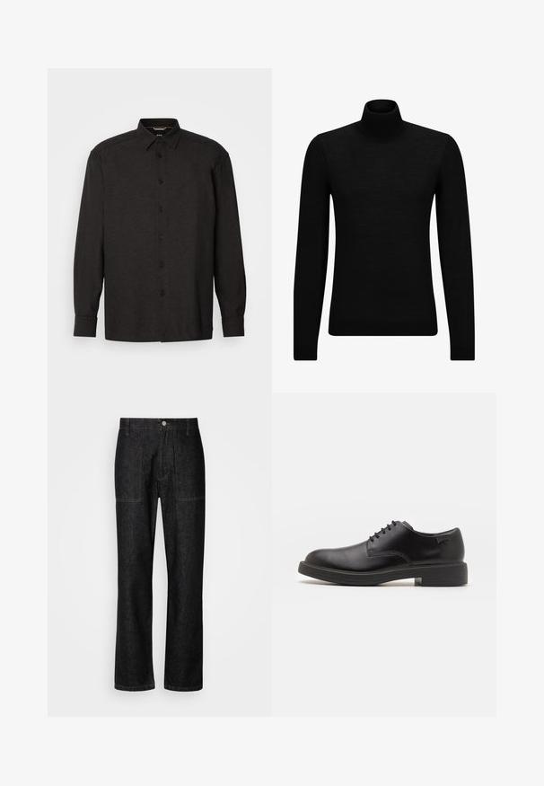 Juodas aukšto kaklo megztinis, pagamintas iš minkštos medžiagos, su ilgomis rankovėmis ir prigludusia forma. Su raukiniais apačioje ir rankogaliuose. Paprastas dizainas.; Juodas ilgas rankovės marškinėlių palaidinė, pagaminta iš tekstūruoto audinio, su mygtukų užsegimu, smailiu apykakle ir standartinėmis rankogaliais. Du krūtinės kišenės.; Juodi džinsai tiesaus kirpimo, su matomu siuvimu ir priekinėmis mygtukų uždarymo detalėmis. Įtrauktos dvi šoninės kišenės ir dvi užpakalinės kišenės.; Juodas odinis batų modelis su raišteliais, apvaliu nosiu, lygiu paviršiumi, minimaliai siuvinėjimu ir žemu guminėmis pakulne. Ant pakulnės šalia logo.