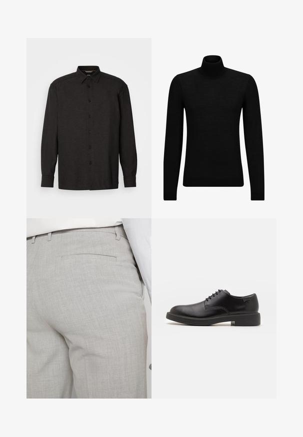Fekete garbó pulóver puha anyagból, hosszú ujjakkal és szoros fazonnal. Ribbed díszítés az alján és az ujjak végén. Egyszerű dizájn.; Fekete, hosszú ujjú ing, texturált anyagból, gombos elülső résszel, hegyes gallérral és normál mandzsettával. Két mellsz zseb.; Világosszürke, texturált anyagból készült szabott nadrág, egyetlen hátsó zsebbel és tiszta varrással.; Fekete bőrcipő, kerek orrú, sima felületű, minimális varrással és alacsony gumitalppal. Logó a sarokrészen.