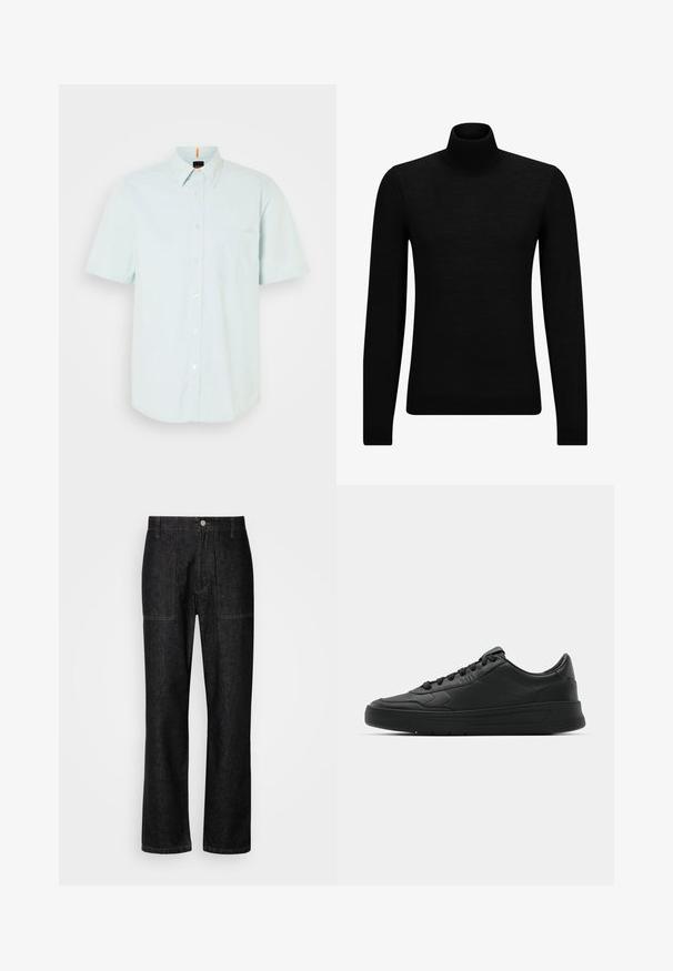 Maglione a collo alto nero realizzato in materiale morbido, con maniche lunghe e vestibilità aderente. Bordo a coste all'orlo e ai polsini. Design semplice.; Camicia azzurra chiara a maniche corte con bottoni, dotata di colletto, taschino sul lato sinistro e una texture di tessuto morbido. Design semplice e leggera lucentezza.; Pantaloni in denim nero con gamba dritta, cuciture visibili e chiusura frontale con bottone. Include due tasche laterali e due tasche posteriori.; Sneaker nera con tomaia in pelle liscia, punta rotonda, lacci piatti, collare imbottito e design minimalista. Suola in gomma con un delicato motivo a rilievo.