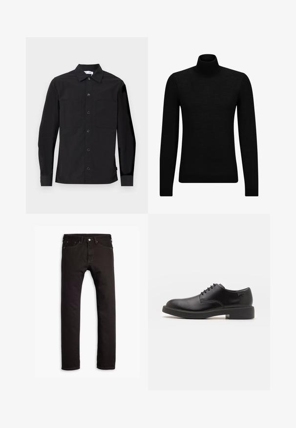 Mustahuivi neule, joka on valmistettu pehmeästä materiaalista, jossa on pitkät hihat ja tiukka istuvuus. Ribbaus reunassa ja hihansuissa. Yksinkertainen muotoilu.; Musta pitkähihaisten paita, jossa on terävä kaulus, etunapitus, kaksi rintataskua ja sileä, teksturoitu kangas.; Mustat slim-fit farkut, joissa on viisi taskua ja napitus, esiteltyinä tasaisena valkoista taustaa vasten.; Mustat nahkasaappaat, joissa on pyöreä kärki, sileä pinta, minimaalinen ommel ja matala kumipohja. Logo kannassa.