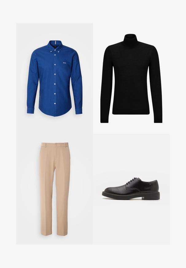 Juodas aukšto kaklo megztinis, pagamintas iš minkštos medžiagos, su ilgomis rankovėmis ir prigludusia forma. Su raukiniais apačioje ir rankogaliuose. Paprastas dizainas.; BOSS ROAN - Marškiniai - open blue; Šviesiai rudos kelnės, pagamintos iš lygios medžiagos, su tiesiomis kojomis, priekiniais sagčių užsegimais ir subtiliais raukšlių akcentais priekyje.; Juodas odinis batų modelis su raišteliais, apvaliu nosiu, lygiu paviršiumi, minimaliai siuvinėjimu ir žemu guminėmis pakulne. Ant pakulnės šalia logo.