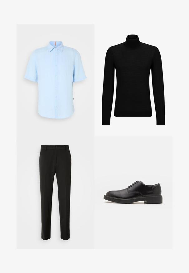 Melnā augstā kakla džemperis, kas izgatavots no mīksta materiāla, ar garām piedurknēm un pieguļušu piegriezumu. Ribota apdare ap apakšu un piedurknēm. Vienkāršs dizains.; Gai ziliī īsām piedurknēm krekls no linu maisījuma ar klasisku apkakli un pogu aizdari. Uz apkakles ir neliels oranžs akcents.; Melnas bikses no gludas auduma ar taisnām kājām, pogu aizdari un klasisku dizainu, kas piemērots gan formālai, gan ikdienišķai valkāšanai.; Melna āda sašūta kurpe ar noapaļotu purngalu, gludu tekstūru, minimālu šuvju skaitu un zemu gumijas papēdi. Logo uz papēža.