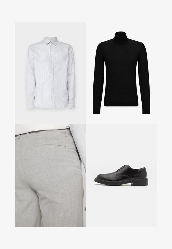Svart genser med høy hals laget av mykt materiale, med lange ermer og en tettsittende passform. Ribbestrikket kant nederst og ved ermene. Enkelt design.; Lyseblåstripet langermet skjorte i bomull. Har klassisk krage, knappestolpe foran og smale mansjetter med matchende striper.; Lysegrå skreddersydde bukser laget av teksturert stoff, med en enkelt baklomme og rene sømmer.; Svart lær snøre sko med rund tå, glatt tekstur, minimal søm, og lav gummihæl. Logo på hælen.