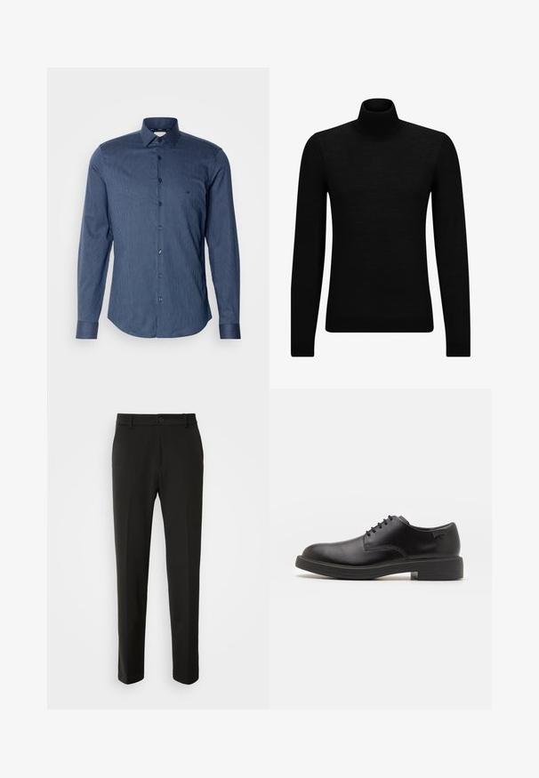 Crni dukserica s visokim ovratnikom, napravljena od mekanog materijala, s dugim rukavima i priljubljenim krojem. Rebrasti detalji na donjem rubu i rukavima. Jednostavan dizajn.; Plava prugasta košulja dugih rukava od pamuka. Ima klasični ovratnik, kopčanje na dugmad i zaobljeni donji rub. Tkanina sa teksturom i suptilnim sjajem.; Crni hlače od glatkog materijala, s ravnim nogavicama, zatvaranjem na dugme i klasičnim dizajnom prikladnim za formalne ili ležerne prilike.; Crne kožne cipele s vezanjem i zaobljenim vrhom, glatke teksture, minimalnim šavovima i niskim gumiranim potplatom. Logo se nalazi na peti.