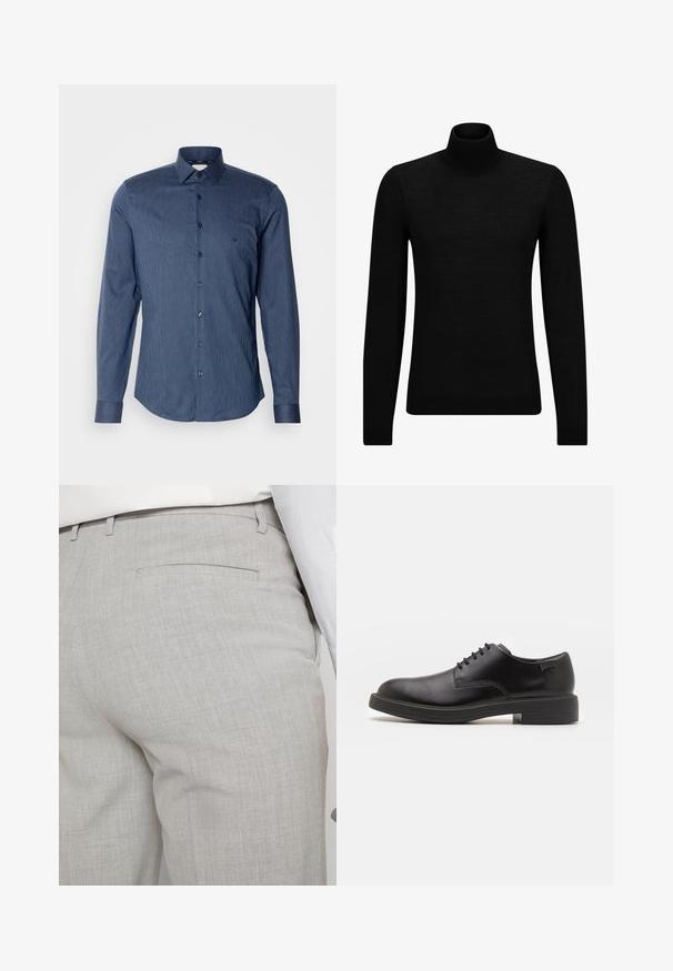 Zwarte coltrui van zacht materiaal, met lange mouwen en een snug fit. Geribbelde afwerking aan de onderkant en mouwen. Eenvoudig ontwerp.; Blauw gestreept overhemd met lange mouwen van katoen. Bevat een klassieke kraag, knoopsluiting aan de voorkant en een ronde onderkant. Gelaagd stof met een subtiele glans.; Lichtgrijze, op maat gemaakte broek van gestructureerde stof, met een enkele achterzak en nette stiksels.; Zwarte leren veterschoen met een ronde neus, een gladde textuur, minimale stiksels en een lage rubberen hak. Logo op de hak.