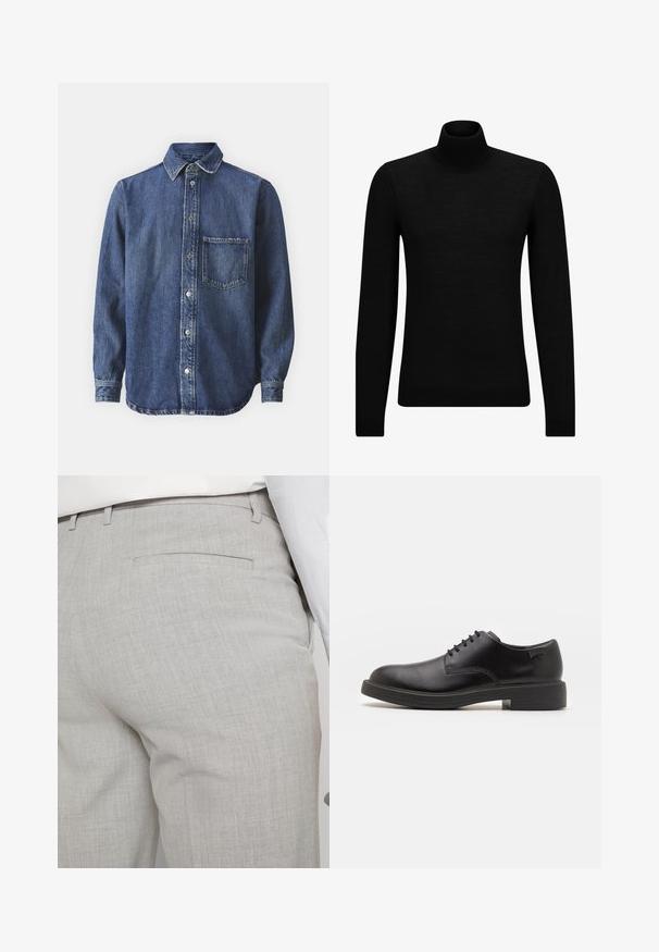 Schwarzer Rollkragenpullover aus weichem Material mit langen Ärmeln und enger Passform. Rippbesatz am Saum und an den Bündchen. Einfaches Design.; Jeanshemd, dunkelblau, Knopfleiste vorne, lange Ärmel, spitzes Kragen, eine Brusttasche, leicht verblasste Textur, mit sichtbaren Nähdetails.; Hellgraue, maßgeschneiderte Hose aus strukturiertem Stoff, mit einer einzelnen Gesäßtasche und sauberer Nahtführung.; Schwarzer Leder-Schnürschuh mit abgerundetem Zeh, glatter Textur, minimaler Naht und niedrigem Gummiabsatz. Logo auf der Ferse.