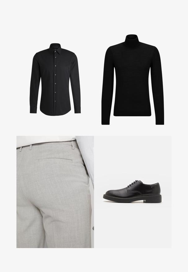 Černý rolák vyrobený z měkkého materiálu, s dlouhými rukávy a těsným střihem. Hladký lem na spodním okraji a manžetách. Jednoduchý design.; Černá košile s dlouhým rukávem vyrobená z hladkého materiálu, s klasickým límcem, předním zapínáním na knoflíky a zakulaceným spodním lemem se stříbrnými knoflíky.; Světlounce šedé kalhoty na míru z texturované látky, s jednou zadní kapsou a čistým prošitím.; Černé kožené šněrovací boty s kulatou špičkou, hladkým povrchem, minimálním prošíváním a nízkým gumovým podpatkem. Logo na patě.