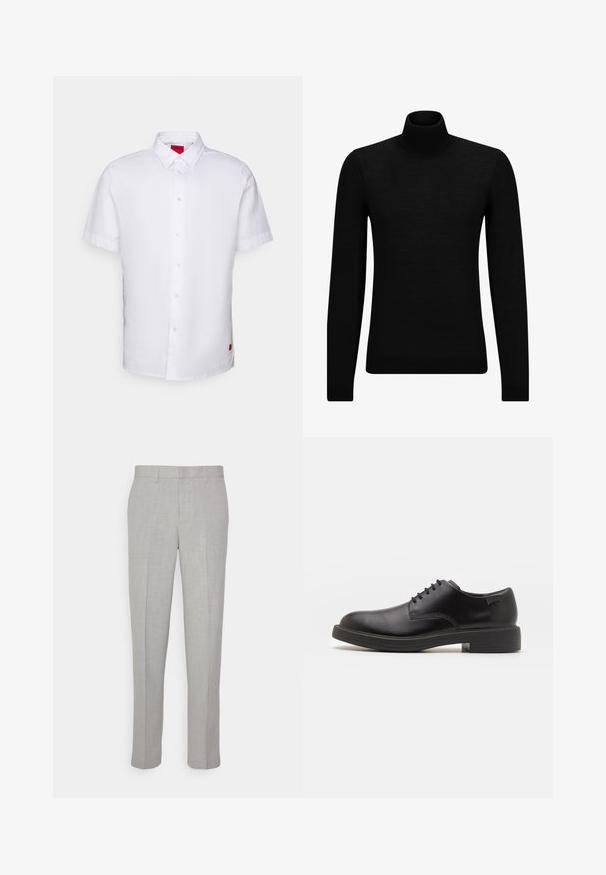 Zwarte coltrui van zacht materiaal, met lange mouwen en een snug fit. Geribbelde afwerking aan de onderkant en mouwen. Eenvoudig ontwerp.; Korte mouwen witte shirt gemaakt van katoen, met een knopenlijst aan de voorkant, een puntige kraag en een klein rood label aan de zijkant.; Lichtgrijze broek met een gladde textuur, platte voorkant en rechte pijpen. Gemaakt van ademend materiaal, met interne zakken en riemlussen.; Zwarte leren veterschoen met een ronde neus, een gladde textuur, minimale stiksels en een lage rubberen hak. Logo op de hak.
