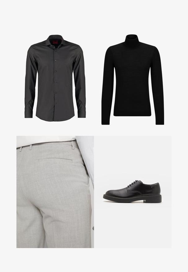 Zwarte coltrui van zacht materiaal, met lange mouwen en een snug fit. Geribbelde afwerking aan de onderkant en mouwen. Eenvoudig ontwerp.; Zwarte langefris shirt met een slim fit, gemaakt van zacht materiaal. Voorzien van een puntige kraag en zes knopen aan de voorkant.; Lichtgrijze, op maat gemaakte broek van gestructureerde stof, met een enkele achterzak en nette stiksels.; Zwarte leren veterschoen met een ronde neus, een gladde textuur, minimale stiksels en een lage rubberen hak. Logo op de hak.