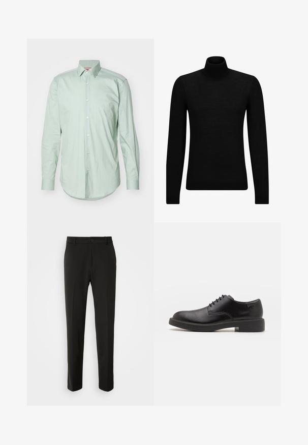 Svart genser med høy hals laget av mykt materiale, med lange ermer og en tettsittende passform. Ribbestrikket kant nederst og ved ermene. Enkelt design.; HUGO KENNO - Finskjorte - light/pastel green; Sorte bukser laget av glatt stoff, med rette ben, knappelukking og en klassisk design som passer til både formell og uformell bruk.; Svart lær snøre sko med rund tå, glatt tekstur, minimal søm, og lav gummihæl. Logo på hælen.