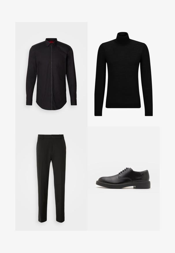 Černý rolák vyrobený z měkkého materiálu, s dlouhými rukávy a těsným střihem. Hladký lem na spodním okraji a manžetách. Jednoduchý design.; Černá košile s dlouhými rukávy, předním zipem, knoflíkovým límcem a zakřiveným lemem. Hladká látka s minimálními detaily a červenou podšívkou.; Černé kalhoty vyrobené z hladkého materiálu, s rovnými nohavicemi, zapínáním na knoflík a klasickým designem vhodným pro formální i neformální nošení.; Černé kožené šněrovací boty s kulatou špičkou, hladkým povrchem, minimálním prošíváním a nízkým gumovým podpatkem. Logo na patě.