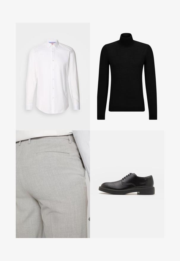 Musthave muströid ja pehmest materjalist must turtleneck, millel on pikad varrukad ja tihe istuvus. Ribaga ääris allservas ja vöökohal. Lihtne disain.; HUGO KOEY - Ametlik pluus - open white; Heledat hallid kohandatud püksid tekstuurse kangaga, millel on üks tagatasku ja puhas õmblus.; Must beemel levalis kingad ümarate varvastega, sileda pinnaga, minimaalsete õmblustega ja madala kummist kontsaga. Logo kontsa peal.