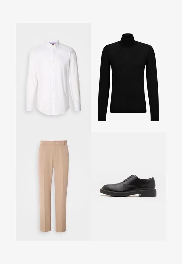 Musthave muströid ja pehmest materjalist must turtleneck, millel on pikad varrukad ja tihe istuvus. Ribaga ääris allservas ja vöökohal. Lihtne disain.; HUGO KOEY - Ametlik pluus - open white; Beezid püksid, mis on valmistatud siledast kangast, sirge jala lõikega, ees nupuga kinnitamisega ja peente kortsudega ees.; Must beemel levalis kingad ümarate varvastega, sileda pinnaga, minimaalsete õmblustega ja madala kummist kontsaga. Logo kontsa peal.
