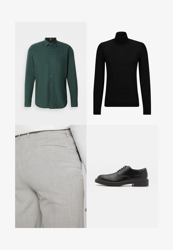 Zwarte coltrui van zacht materiaal, met lange mouwen en een snug fit. Geribbelde afwerking aan de onderkant en mouwen. Eenvoudig ontwerp.; Donkergroene langdrukshirt gemaakt van katoen, met een button-down kraag, knopen aan de voorkant en een subtiele merklogo op de borst.; Lichtgrijze, op maat gemaakte broek van gestructureerde stof, met een enkele achterzak en nette stiksels.; Zwarte leren veterschoen met een ronde neus, een gladde textuur, minimale stiksels en een lage rubberen hak. Logo op de hak.