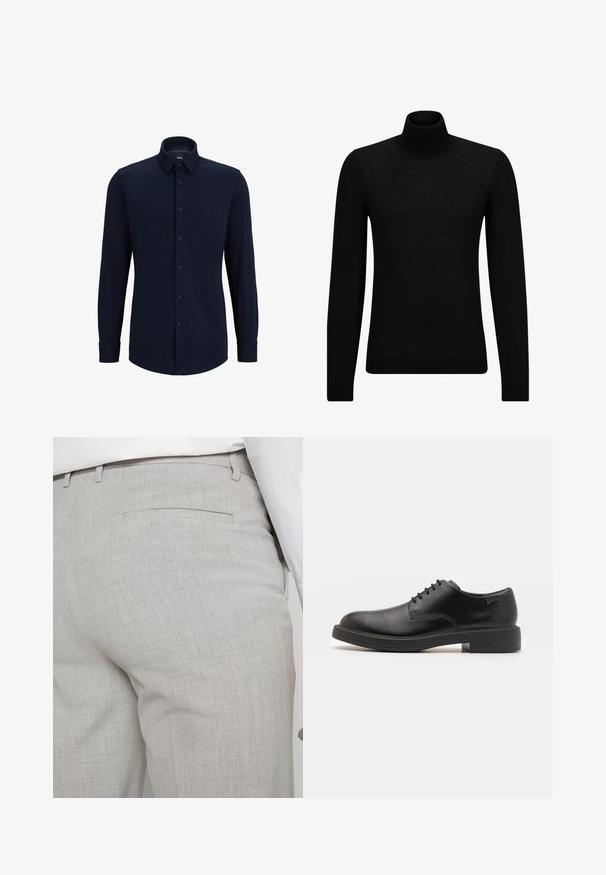 Črna turtleneck pulover iz mehkega materiala, z dolgimi rokavi in tesnim prileganjem. R ibana obroba na robu in rokavih. Preprosta zasnova.; Mornarsko srajco z dolgimi rokavi z gumbi, izdelano iz tkane tkanine, z značilnim ovratnikom, ravnim krojem in sprednjim zapiranjem na gumbe.; Svetlo sive hlače po meri iz teksturirane tkanine, z enim zadnjim žepom in čistim šivom.; Črne usnjene čipkaste čevlje z zaobljenim nosom, gladko teksturo, minimalnim šitjem in nizkim gumijastim peto. Logo na peti.