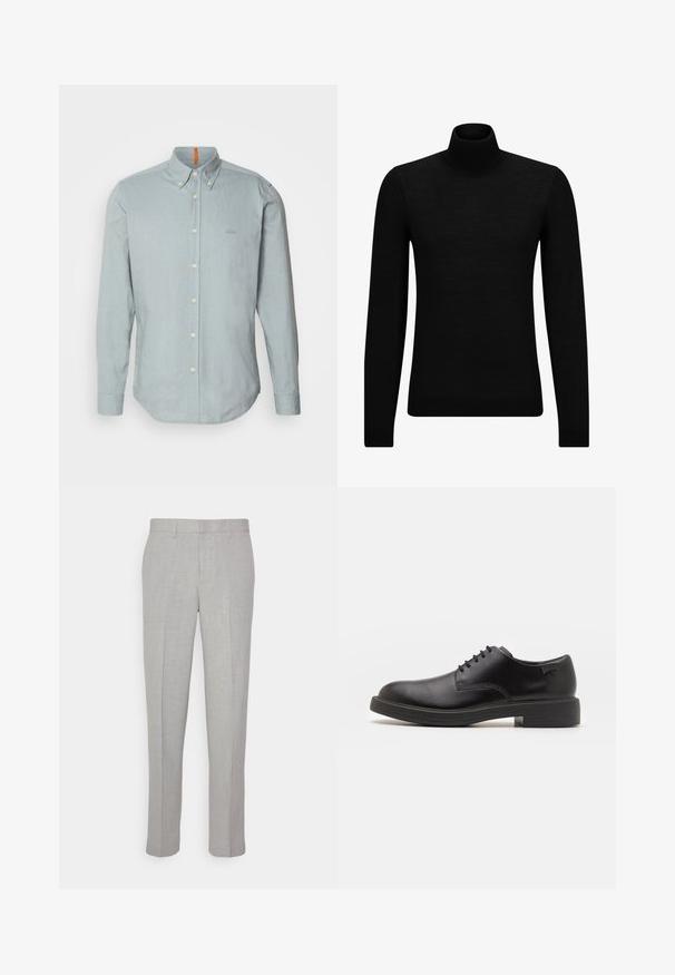 Čierny rolák vyrobený z jemného materiálu, s dlhými rukávmi a tesným strihom. Hranatý lem a manžety s ribbed úpravou. Jednoduchý dizajn.; Svetlomodrá košeľa na gombíky vyrobená z textúrovanej látky, s výstrihom do špičky, dlhými rukávmi a malým vyšívaným logom na hrudi.; Svetlo-sivé nohavice s hladkým povrchom, plochým predným dielom a rovnými nohavicami. Vyrobené z priedušnej látky, s vnútornými vreckami a pútkami na opasok.; Čierne kožené šnurovacie topánky s okrúhlou špičkou, hladkým povrchom, minimálnym prešívaním a nízkym gumovým podpätkom. Logo na podpätku.