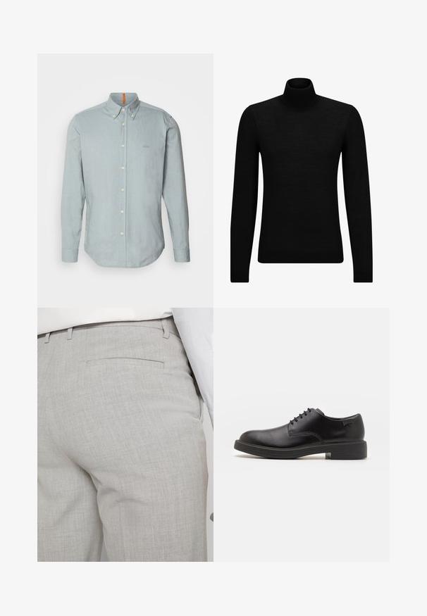 Schwarzer Rollkragenpullover aus weichem Material mit langen Ärmeln und enger Passform. Rippbesatz am Saum und an den Bündchen. Einfaches Design.; Helles blaues Hemd mit Knöpfen aus strukturiertem Stoff, mit einem spitzen Kragen, langen Ärmeln und einem kleinen gestickten Logo auf der Brust.; Hellgraue, maßgeschneiderte Hose aus strukturiertem Stoff, mit einer einzelnen Gesäßtasche und sauberer Nahtführung.; Schwarzer Leder-Schnürschuh mit abgerundetem Zeh, glatter Textur, minimaler Naht und niedrigem Gummiabsatz. Logo auf der Ferse.