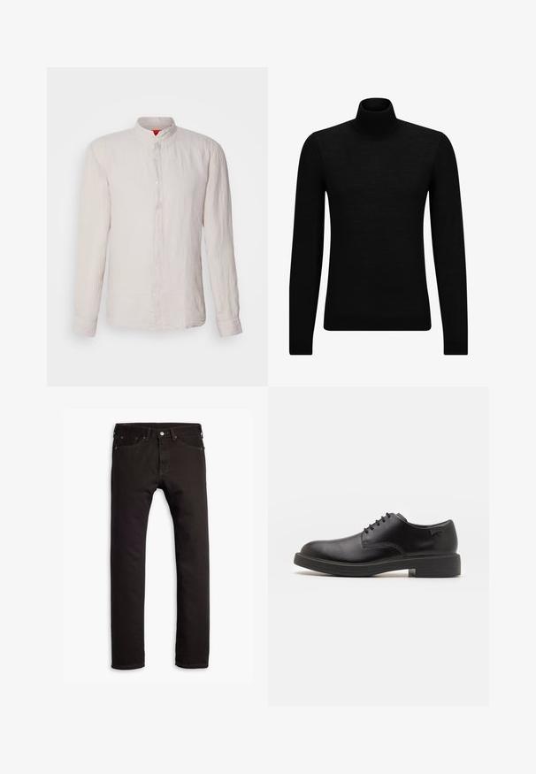 Fekete garbó pulóver puha anyagból, hosszú ujjakkal és szoros fazonnal. Ribbed díszítés az alján és az ujjak végén. Egyszerű dizájn.; HUGO ELVORY - Ing - light/pastel grey; Fekete, slim fit farmernadrág öt zsebbel és gombos záródással, síkban elhelyezve egy fehér háttéren.; Fekete bőrcipő, kerek orrú, sima felületű, minimális varrással és alacsony gumitalppal. Logó a sarokrészen.