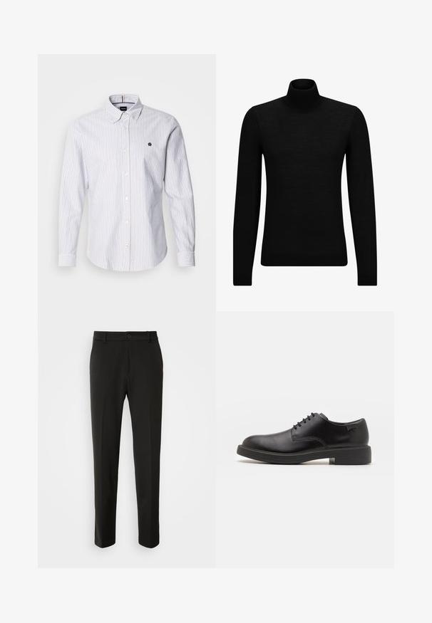 Juodas aukšto kaklo megztinis, pagamintas iš minkštos medžiagos, su ilgomis rankovėmis ir prigludusia forma. Su raukiniais apačioje ir rankogaliuose. Paprastas dizainas.; Šviesiai mėlynos ir baltos vertikalios juostos marškiniai su užsegimu, su smailiu apykakle ir mažuoju logotipu, siuvinėtu ant krūtinės.; Juodi kelnes, pagamintos iš lygaus audinio, su tiesiomis kojomis, mygtuko uždarymu ir klasikiniu dizainu, tinkamu tiek formaliai, tiek kasdienei aprangai.; Juodas odinis batų modelis su raišteliais, apvaliu nosiu, lygiu paviršiumi, minimaliai siuvinėjimu ir žemu guminėmis pakulne. Ant pakulnės šalia logo.