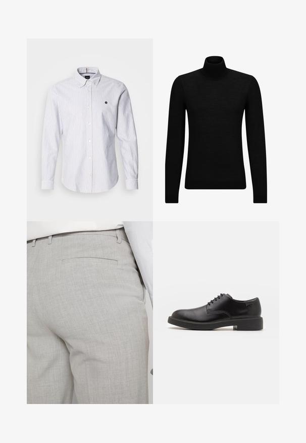 Juodas aukšto kaklo megztinis, pagamintas iš minkštos medžiagos, su ilgomis rankovėmis ir prigludusia forma. Su raukiniais apačioje ir rankogaliuose. Paprastas dizainas.; Šviesiai mėlynos ir baltos vertikalios juostos marškiniai su užsegimu, su smailiu apykakle ir mažuoju logotipu, siuvinėtu ant krūtinės.; Šviesiai pilkos spalvos pritaikytos kelnės iš faktūrinės medžiagos, turinčios vieną užpakalinę kišenę ir tvarkingus siūlus.; Juodas odinis batų modelis su raišteliais, apvaliu nosiu, lygiu paviršiumi, minimaliai siuvinėjimu ir žemu guminėmis pakulne. Ant pakulnės šalia logo.