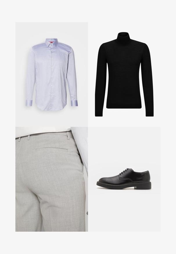 Černý rolák vyrobený z měkkého materiálu, s dlouhými rukávy a těsným střihem. Hladký lem na spodním okraji a manžetách. Jednoduchý design.; HUGO KOEY - Formální košile - dark blue; Světlounce šedé kalhoty na míru z texturované látky, s jednou zadní kapsou a čistým prošitím.; Černé kožené šněrovací boty s kulatou špičkou, hladkým povrchem, minimálním prošíváním a nízkým gumovým podpatkem. Logo na patě.