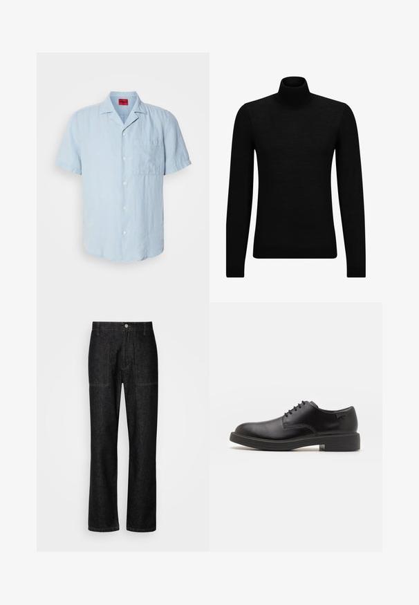 Maglione a collo alto nero realizzato in materiale morbido, con maniche lunghe e vestibilità aderente. Bordo a coste all'orlo e ai polsini. Design semplice.; Camicetta azzurra a maniche corte realizzata in tessuto testurizzato, con chiusura a bottoni davanti, taschino sul lato sinistro e colletto classico.; Pantaloni in denim nero con gamba dritta, cuciture visibili e chiusura frontale con bottone. Include due tasche laterali e due tasche posteriori.; Scarpa nera in pelle con lacci, punta tonda, texture liscia, cuciture minime e tacco in gomma basso. Logo sul tacco.