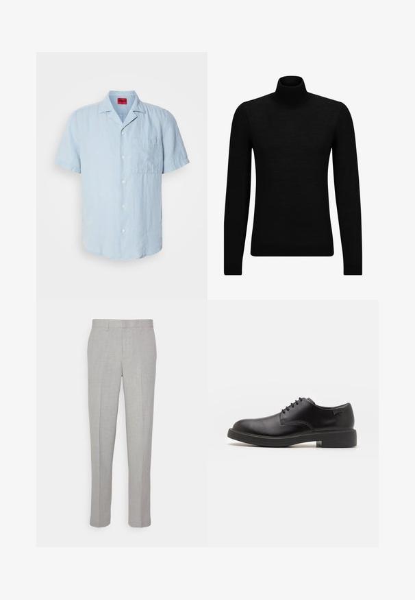 Fekete garbó pulóver puha anyagból, hosszú ujjakkal és szoros fazonnal. Ribbed díszítés az alján és az ujjak végén. Egyszerű dizájn.; Világoskék, rövid ujjú ing textúrált anyagból, gombos elülső résszel, bal oldalon zsebbel és klasszikus gallér kialakítással.; Világosszürke nadrág, sima textúrával, lapos elülső résszel és egyenes lábakkal. Lélegző anyagból készült, belső zsebekkel és övjáratokkal ellátva.; Fekete bőrcipő, kerek orrú, sima felületű, minimális varrással és alacsony gumitalppal. Logó a sarokrészen.