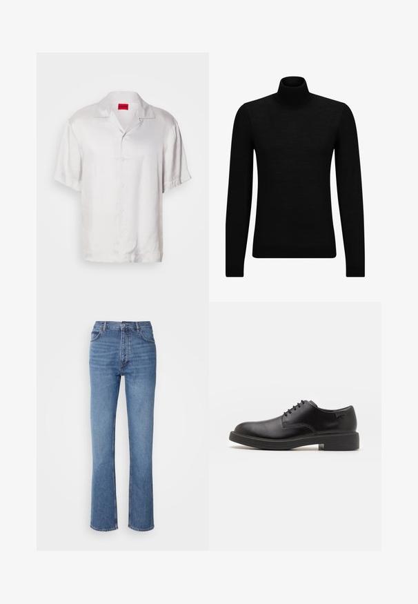 Juodas aukšto kaklo megztinis, pagamintas iš minkštos medžiagos, su ilgomis rankovėmis ir prigludusia forma. Su raukiniais apačioje ir rankogaliuose. Paprastas dizainas.; Trumpas rankovės baltas marškinis, pagamintas iš lygaus audinio, su apykakle, mygtukų uždarymu ir laisvu siluetu. Subtilus blizgesys suteikia vizualinį įdomumą.; Mėlyni džinsai su aukštu liemeniu, tiesaus kirpimo dizainu ir subtiliu išblukimu. Turi klasikinį penkių kišenių stilių ir užtrauktuko uždarymą.; Juodas odinis batų modelis su raišteliais, apvaliu nosiu, lygiu paviršiumi, minimaliai siuvinėjimu ir žemu guminėmis pakulne. Ant pakulnės šalia logo.