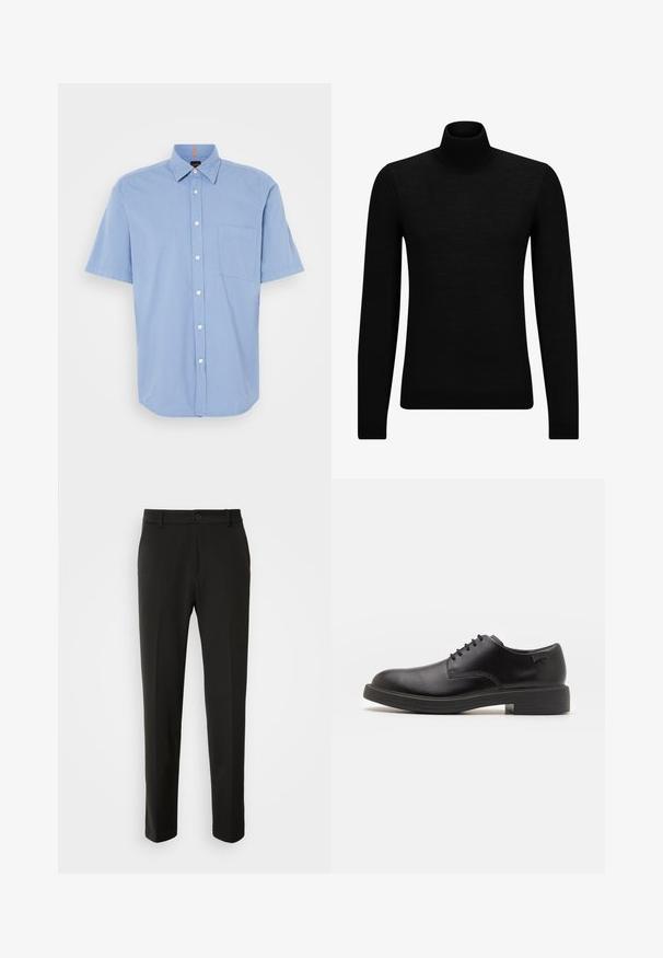 Musthave muströid ja pehmest materjalist must turtleneck, millel on pikad varrukad ja tihe istuvus. Ribaga ääris allservas ja vöökohal. Lihtne disain.; Heled sinine lühikeste varrukatega nööbitav särk kergetest materjalidest, millel on rinnatasku ja klassikaline krae valge nupuga.; Mustad püksid siledast kangast, sirgete jalgadega, nupuvõtme sulgemisega ja klassikaline disain, sobiv nii ametlikeks kui ka igapäevasteks kandmiseks.; Must beemel levalis kingad ümarate varvastega, sileda pinnaga, minimaalsete õmblustega ja madala kummist kontsaga. Logo kontsa peal.