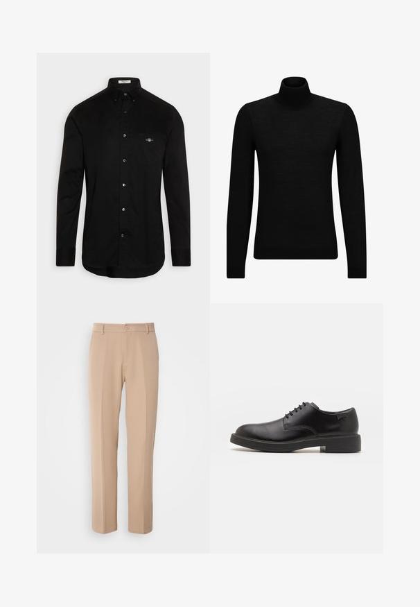 Svart genser med høy hals laget av mykt materiale, med lange ermer og en tettsittende passform. Ribbestrikket kant nederst og ved ermene. Enkelt design.; Svart knapp-ned skjorte laget av bomull, med spiss krage, lange ermer, og en brystlomme med en liten logo brodert i farge.; Beige bukser laget av et glatt stoff, med rett ben-design, frontknapp-lukking og subtile bretter langs fronten.; Svart lær snøre sko med rund tå, glatt tekstur, minimal søm, og lav gummihæl. Logo på hælen.
