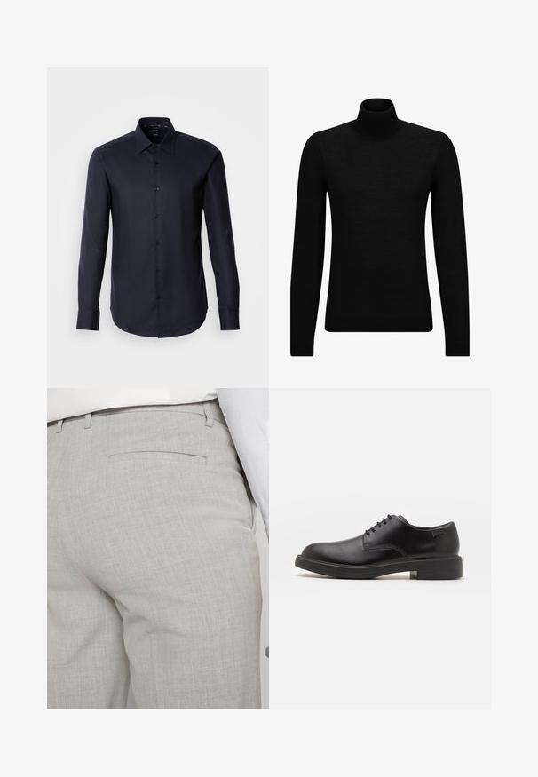 Fekete garbó pulóver puha anyagból, hosszú ujjakkal és szoros fazonnal. Ribbed díszítés az alján és az ujjak végén. Egyszerű dizájn.; Sötét tengerészkék, hosszú ujjú gombos ing sima anyagból. Jellemzői közé tartozik a hegyes gallér és az egy gombos mandzsetta. Minimalista dizájn, minta nélkül.; Világosszürke, texturált anyagból készült szabott nadrág, egyetlen hátsó zsebbel és tiszta varrással.; Fekete bőrcipő, kerek orrú, sima felületű, minimális varrással és alacsony gumitalppal. Logó a sarokrészen.
