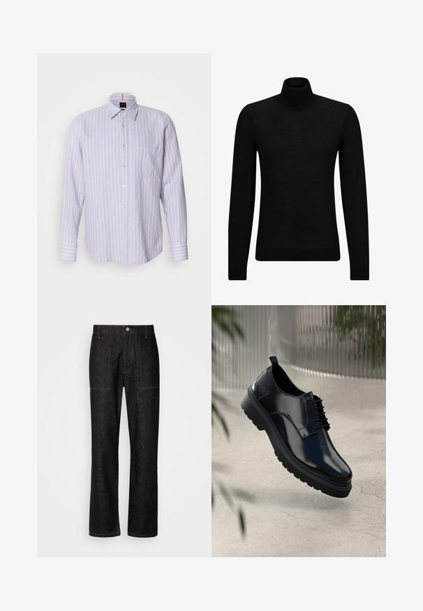 Czarny sweter z golfem wykonany z miękkiego materiału, z długimi rękawami i dopasowanym krojem. Żebrowane wykończenie na dolnym brzegu i mankietach. Prosty design.; Jasnofioletowa koszula w paski z kołnierzykiem zapinanym na guziki, długimi rękawami i kieszenią po lewej stronie klatki piersiowej. Zawiera subtelny detal z logo.; Czarne dżinsowe spodnie z prostą nogawką, widocznym przeszyciem i zapięciem na guziki z przodu. Zawierają dwie kieszenie boczne oraz dwie kieszenie z tyłu.; Czarne skórzane buty z połyskiem, okrągłym noskiem, sznurowanym zapięciem, kontrastowym przeszyciem oraz grubą gumową podeszwą z bieżnikiem.