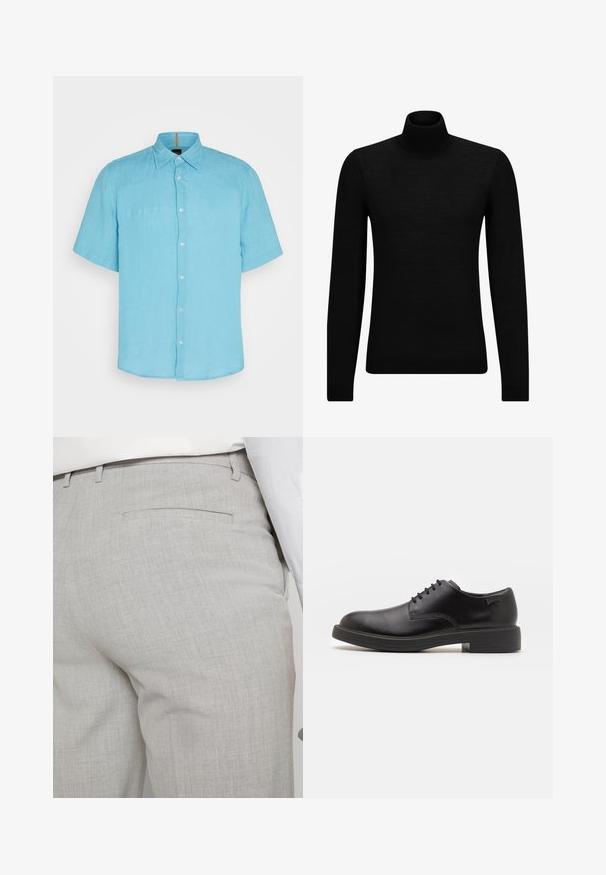 Pulover negru cu guler înalt, realizat dintr-un material moale, cu mâneci lungi și o croială ajustată. Tiv și mansete cu margine ondulată. Design simplu.; Cămașă scurtă din in, de culoare albastru deschis, cu nasturi pe față, guler ascuțit și textură subtilă, fără modele sau accente.; Pantaloni gri deschis croiți, dintr-un material texturat, cu un singur buzunar pe spate și cusături curate.; Pantofii din piele neagră, cu șireturi, au vârful rotunjit, o textură netedă, cusături minime și un toc de cauciuc scăzut. Logo pe toc.
