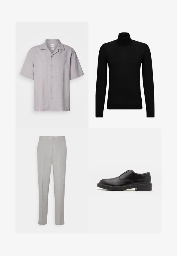 Črna turtleneck pulover iz mehkega materiala, z dolgimi rokavi in tesnim prileganjem. R ibana obroba na robu in rokavih. Preprosta zasnova.; Srajca s kratkimi rokavi iz svetlo sive lekarne z reverjem, petimi gumbi spredaj in gladkim, teksturiranim materialom.; Svetlo sivi hlače z gladko teksturo, ravnim sprednjim delom in ravnimi nogavicami. Narejene iz zračnega materiala, vsebujejo notranje žepke in zanke za pas.; Črne usnjene čipkaste čevlje z zaobljenim nosom, gladko teksturo, minimalnim šitjem in nizkim gumijastim peto. Logo na peti.