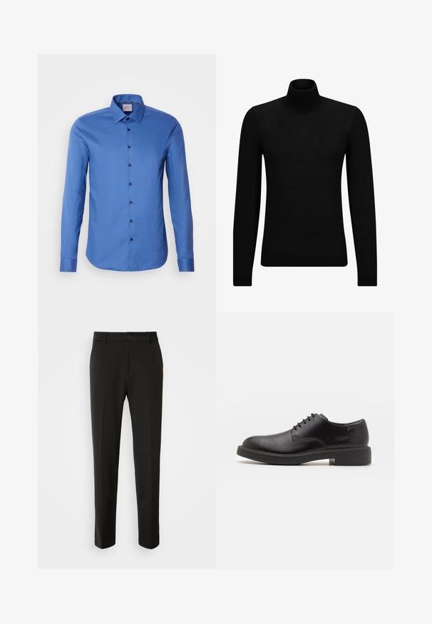 Zwarte coltrui van zacht materiaal, met lange mouwen en een snug fit. Geribbelde afwerking aan de onderkant en mouwen. Eenvoudig ontwerp.; Blauwe overhemd met lange mouwen, gemaakt van textuurstof, met een puntkraag en donkere knopen aan de voorkant. Klein logo op de borst.; Zwarte broek van gladde stof, met rechte pijpen, een knoopsluiting en een klassiek ontwerp dat geschikt is voor zowel formele als casual gelegenheid.; Zwarte leren veterschoen met een ronde neus, een gladde textuur, minimale stiksels en een lage rubberen hak. Logo op de hak.