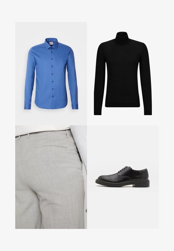 Črna turtleneck pulover iz mehkega materiala, z dolgimi rokavi in tesnim prileganjem. R ibana obroba na robu in rokavih. Preprosta zasnova.; Modra srajca dolgimi rokavi z gumbi, izdelana iz strukturirane tkanine, s poudarjenim ovratnikom in temnimi gumbi spredaj. Majhen znak na prsih.; Svetlo sive hlače po meri iz teksturirane tkanine, z enim zadnjim žepom in čistim šivom.; Črne usnjene čipkaste čevlje z zaobljenim nosom, gladko teksturo, minimalnim šitjem in nizkim gumijastim peto. Logo na peti.