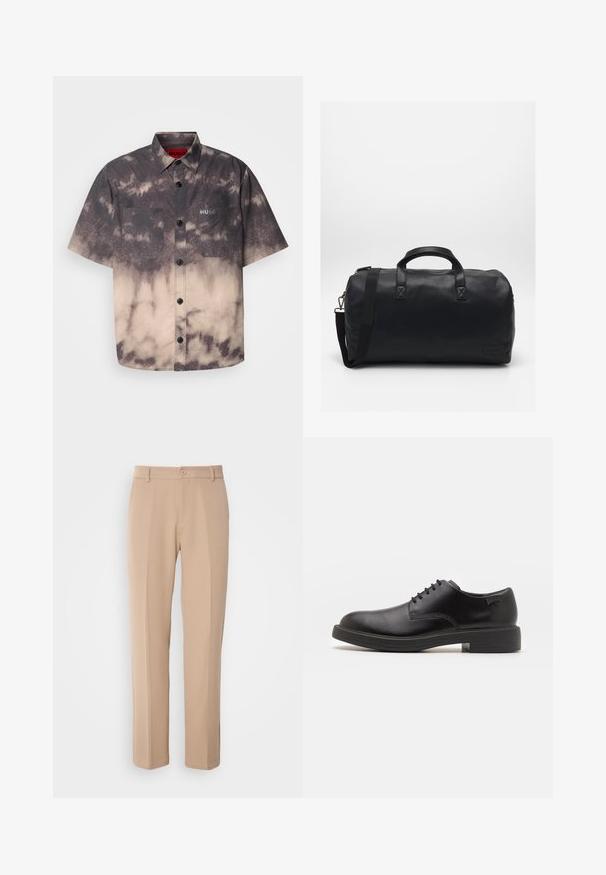 Zwarte coltrui van zacht materiaal, met lange mouwen en een snug fit. Geribbelde afwerking aan de onderkant en mouwen. Eenvoudig ontwerp.; HUGO ERATINO - Overhemd - medium brown; Beige broek gemaakt van gladde stof, met een rechte pasvorm, een sluiting met een knoop aan de voorkant en subtiele plis details aan de voorkant.; Zwarte leren veterschoen met een ronde neus, een gladde textuur, minimale stiksels en een lage rubberen hak. Logo op de hak.; Zwarte duffelbag gemaakt van textuursynthetisch materiaal. Beschikt over twee handvaten en een verstelbare schouderband. Eenvoudig ontwerp zonder zichtbare patronen.