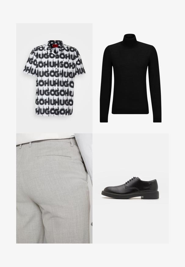 Black turtleneck sweater made of soft material, featuring long sleeves and a snug fit. Ribbed trim at the hem and cuffs. Simple design.; Short-sleeve button-up shirt featuring a black and white repeating "HUGO" pattern, with a pocket on the left chest and a camp collar.; Light gray tailored trousers made of textured fabric, featuring a single back pocket and clean stitching.; Black leather lace-up shoe with a rounded toe, smooth texture, minimal stitching, and a low rubber heel. Logo on the heel.