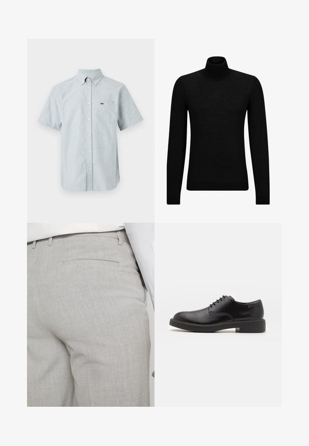Mustahuivi neule, joka on valmistettu pehmeästä materiaalista, jossa on pitkät hihat ja tiukka istuvuus. Ribbaus reunassa ja hihansuissa. Yksinkertainen muotoilu.; Lyhythihainen nappipaita vaaleansinisestä kankaasta, jossa on terävä kaulus, etutasku ja pieni ikoninen logo rinnassa.; Vaaleanharmaat räätälöidyt housut tekstuuripintaisesta kankaasta, joissa on yksi takatasku ja siistit saumat.; Mustat nahkasaappaat, joissa on pyöreä kärki, sileä pinta, minimaalinen ommel ja matala kumipohja. Logo kannassa.