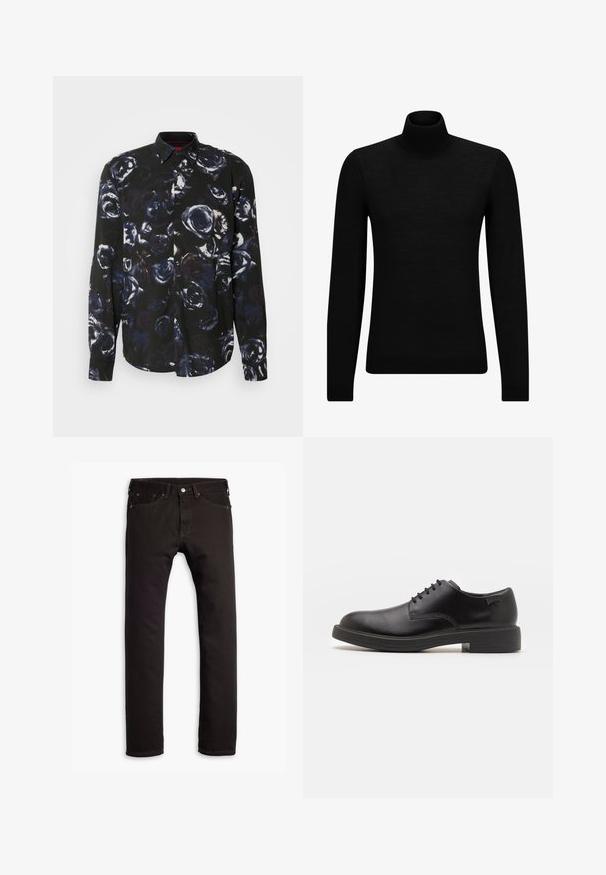 Schwarzer Rollkragenpullover aus weichem Material mit langen Ärmeln und enger Passform. Rippbesatz am Saum und an den Bündchen. Einfaches Design.; Schwarzes Hemd mit floralem Muster in Dunkelblau- und Weißtönen. Verfügt über ein Knopfdesign und lange Ärmel.; Schwarze schmal geschnittene Jeans mit fünf Taschen und Knopfschluss, flach auf einem weißen Hintergrund präsentiert.; Schwarzer Leder-Schnürschuh mit abgerundetem Zeh, glatter Textur, minimaler Naht und niedrigem Gummiabsatz. Logo auf der Ferse.