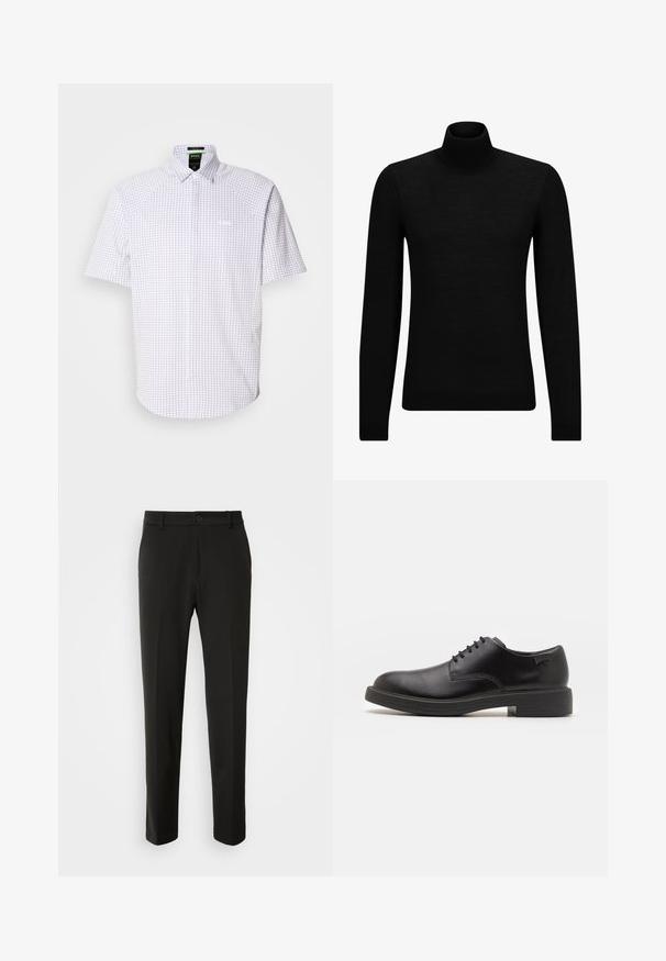 Juodas aukšto kaklo megztinis, pagamintas iš minkštos medžiagos, su ilgomis rankovėmis ir prigludusia forma. Su raukiniais apačioje ir rankogaliuose. Paprastas dizainas.; Balta trumpomis rankovėmis mygtukinė marška su mėlynu languotu raštu. Yra klasikinis apykaklė ir subtilus logotipas krūtinėje.; Juodi kelnes, pagamintos iš lygaus audinio, su tiesiomis kojomis, mygtuko uždarymu ir klasikiniu dizainu, tinkamu tiek formaliai, tiek kasdienei aprangai.; Juodas odinis batų modelis su raišteliais, apvaliu nosiu, lygiu paviršiumi, minimaliai siuvinėjimu ir žemu guminėmis pakulne. Ant pakulnės šalia logo.