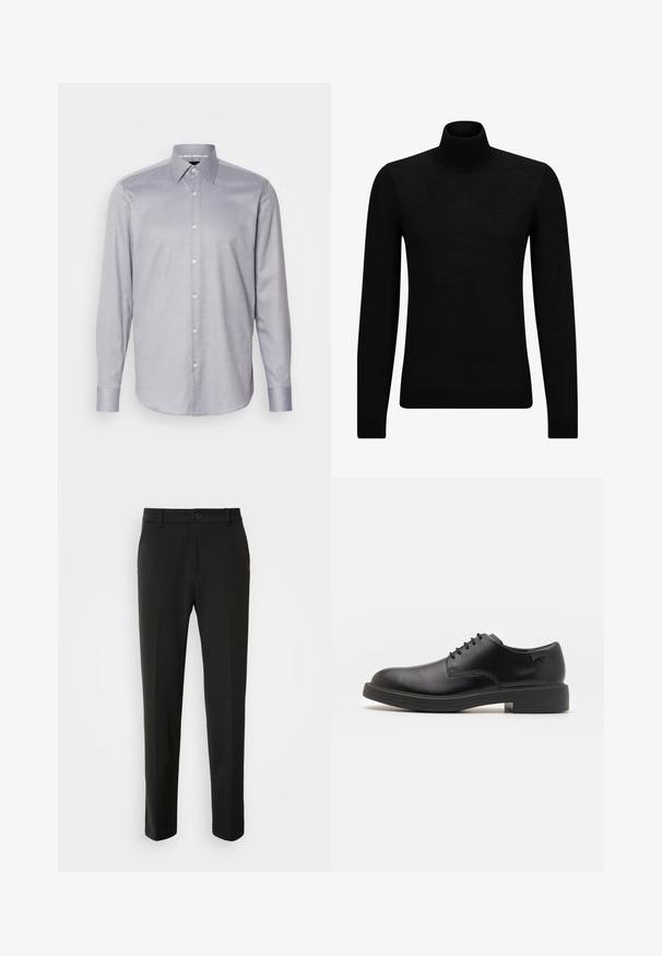 Pulover negru cu guler înalt, realizat dintr-un material moale, cu mâneci lungi și o croială ajustată. Tiv și mansete cu margine ondulată. Design simplu.; Cămașă lungă de culoare mov deschis, cu guler cu nasturi, având un model texturat subtil și nasturi albi pe partea din față.; Pantaloni negri dintr-un material neted, cu picioare drepte, închidere cu nasture și un design clasic, potriviți atât pentru ocazii formale, cât și pentru cele casual.; Pantofii din piele neagră, cu șireturi, au vârful rotunjit, o textură netedă, cusături minime și un toc de cauciuc scăzut. Logo pe toc.