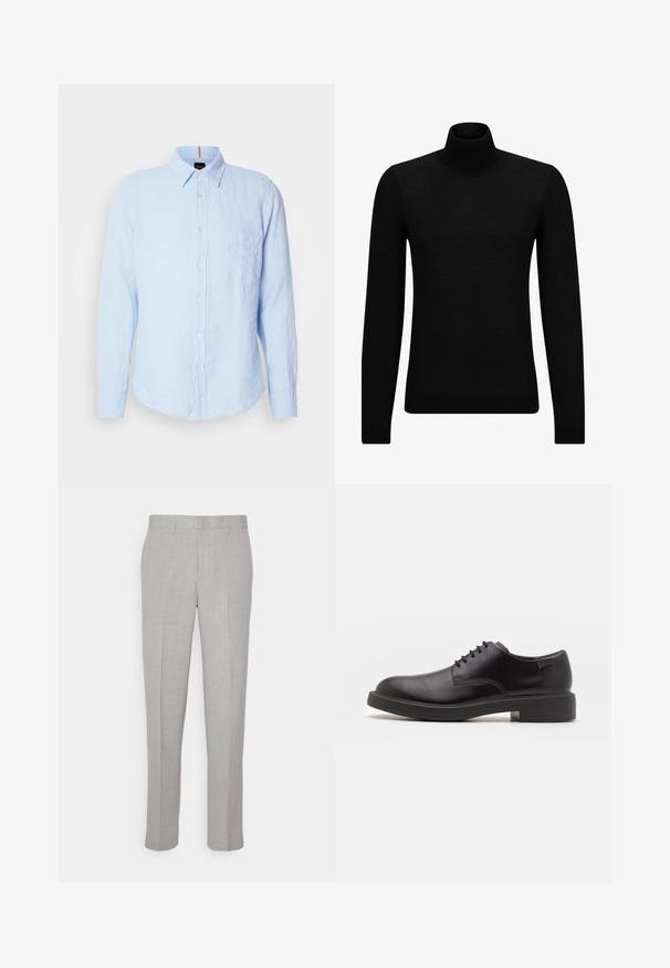 Μαύρο πουλόβερ σταυρωτό λαιμό, φτιαγμένο από μαλακό υλικό, με μακριά μανίκια και εφαρμοστή γραμμή. Ριγωτή λεπτομέρεια στο τελείωμα και στους καρπούς. Απλός σχεδιασμός.; Ανοιχτό μπλε λινό πουκάμισο με μακριά μανίκια, κολάρο με κουμπιά, μπροστινή τσέπη και λευκά κουμπιά. Διαθέτει χαλαρή εφαρμογή και υφή υφάσματος.; Ανοιχτό γκρι παντελόνια με λεία υφή, επίπεδο μπροστινό μέρος και ίσιες γραμμές. Κατασκευασμένα από αναπνεύσιμο ύφασμα, διαθέτουν εσωτερικές τσέπες και θηλιές για ζώνη.; Μαύρο δερμάτινο παπούτσι με κορδόνια, με στρογγυλή μύτη, λεία υφή, ελάχιστη ραφή και χαμηλή καουτσούκ σόλα. Λογότυπο στη σόλα.