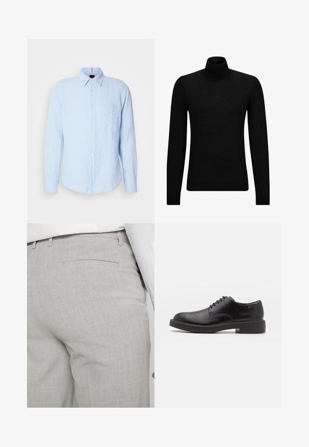 Zwarte coltrui van zacht materiaal, met lange mouwen en een snug fit. Geribbelde afwerking aan de onderkant en mouwen. Eenvoudig ontwerp.; Lichtblauwe linnen blouse met lange mouwen, een button-down kraag, een borstzak en witte knopen. Heeft een relaxte pasvorm en gestructureerde stof.; Lichtgrijze, op maat gemaakte broek van gestructureerde stof, met een enkele achterzak en nette stiksels.; Zwarte leren veterschoen met een ronde neus, een gladde textuur, minimale stiksels en een lage rubberen hak. Logo op de hak.