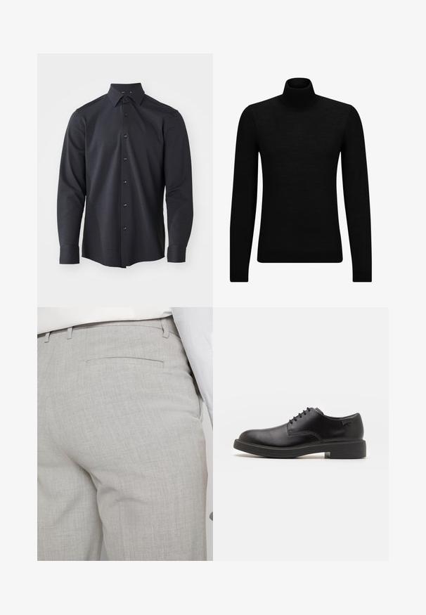 Maglione a collo alto nero realizzato in materiale morbido, con maniche lunghe e vestibilità aderente. Bordo a coste all'orlo e ai polsini. Design semplice.; Camicia a maniche lunghe blu scuro con bottoni, caratterizzata da un motivo testurizzato, colletto classico e bottoni neri lungo la parte anteriore.; Pantaloni sartoriali grigio chiaro realizzati in tessuto strutturato, con una tasca posteriore singola e cuciture pulite.; Scarpa nera in pelle con lacci, punta tonda, texture liscia, cuciture minime e tacco in gomma basso. Logo sul tacco.