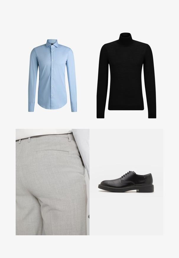 Svart polotröja gjord av mjukt material, med långa ärmar och en åtsittande passform. Ribbat avslut vid fåll och ärmslut. Enkelt mönster.; BOSS H-HANK-SPREAD-DC - Kostymskjorta - light blue; Ljusgrå skräddarsydda byxor av texturerat tyg med en enda bakficka och rena sömmar.; Svart läder snörsko med rund tå, slät yta, minimal söm och låg gummihäl. Logotyp på hälen.